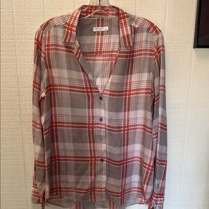 Equipment  Coral and Gray Plaid Button-Up Shirt
